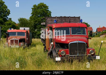 Waltershausen, Deutschland - 11. Juni 2023: Alte defekte IFA S4000 Feuerwehr steht auf dem Gras. Stockfoto