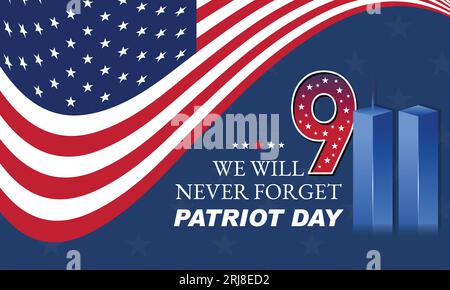Erinnerung An Den 9. September 11. Patriot Day 11. September. Vergessen Sie nie USA 9 11. World Trade Center Nine Eleven Vorlage In Rot, Weiß Und Blau Stock Vektor