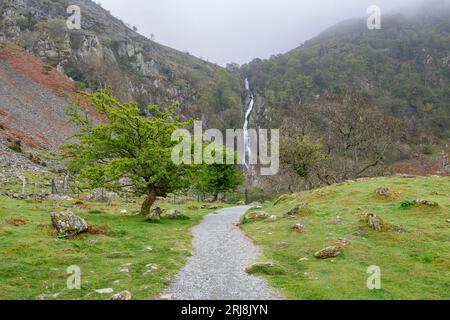 Wanderweg zu den Aber Falls ein spektakuläres Merkmal am Rande der Carneddau Berge in Nordwales. Stockfoto