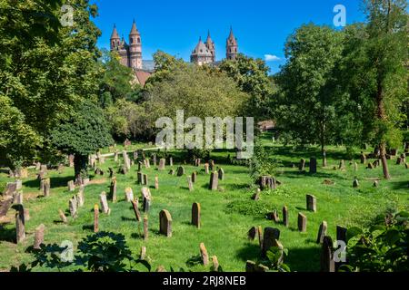 Der jüdische Friedhof in Worms oder Heiliger Sand in Worms, Deutschland, wird normalerweise als der älteste überlebende jüdische Friedhof in Europa bezeichnet. Der älteste Grabstein Stockfoto