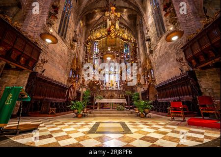 Palma de Mallorca, Spanien - 28. Juli 2023: Fantastische gotische Kathedrale Santa Maria de Majorica in Palma. Stockfoto