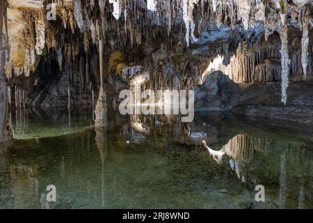 Unterirdischer Pool mit ruhigen Reflexen und Stalaktiten, die von der Decke in den Lehman Caves im Great Basin National Park hängen Stockfoto