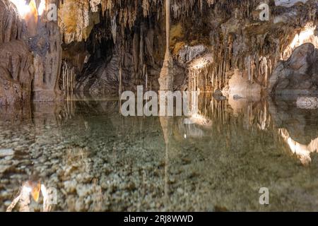 Unterirdischer Pool mit ruhigen Reflexen und Stalaktiten, die von der Decke in den Lehman Caves im Great Basin National Park hängen Stockfoto