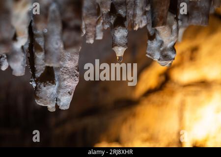 Wassertropfen lagern Mineralien ab und bilden die Formationen innerhalb der Lehman Caves im Great Basin National Park, Nevada Stockfoto