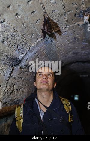 Explorer im unterirdischen Tunnel, der Fledermäuse sieht. Stockfoto