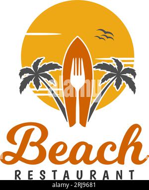 Surf Board, Fork und Palm for Beach Restaurant Logo, Resort Logo Design Stock Vektor