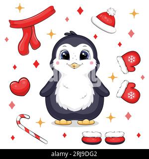 Niedlicher Zeichentrickpinguin mit Winterkleidung. Weihnachtsvektorillustration eines Tieres mit Schal, Fäustlingen, Hut, Schuhen und Zuckerrohr. Stock Vektor