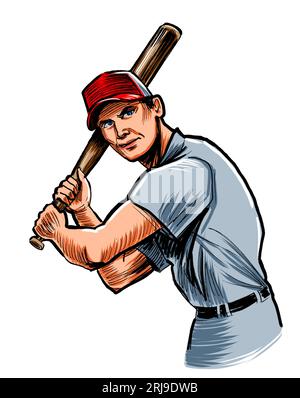 Baseballspieler mit Schläger. Handgezeichnete Tusche im Retro-Stil auf Papier und handkolorierte Tusche auf Tablet Stockfoto