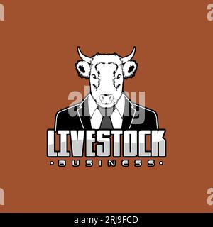 Cow Buffalo Business Man Label For Company Logo, Livestock, Filmregisseur. Abbildung: Der Kopf einer Kuh, Büffel, Stier trägt einen Büroanzug Stock Vektor