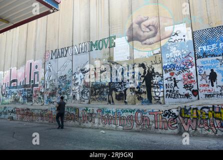 Wandbilder an der israelischen Sicherheitsbarriere in Bethlehem, Palästina. Stockfoto