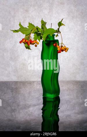 Stillleben mit Viburnum-Zweigen in einer grünen Vase Stockfoto