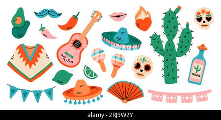 Mexikanisches fest-Set, helle Festivalparty-Dekoration, Cinco de Mayo. Vektor-Illustration im flachen Stil isoliert auf weiß Stock Vektor