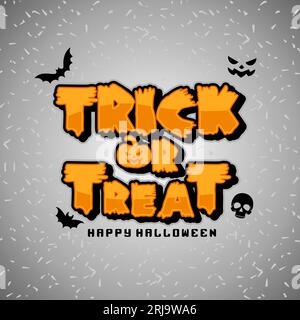Trick or Treat Text Message Vector Design, Happy Halloween Illustration Design mit Fledermaus, Schädel und gruseligen Gesichtsschmuck Stock Vektor