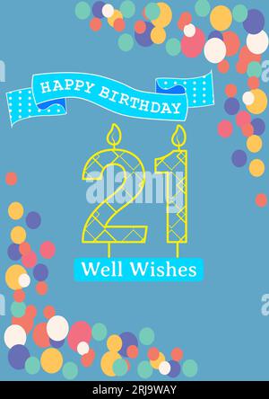 Komposition von Happy 21st Birthday Text over Spots Pattern on Blue background Stockfoto