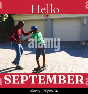 Komposition aus Hello september Text über afroamerikanischen Vater mit Sohn im Garten Stockfoto