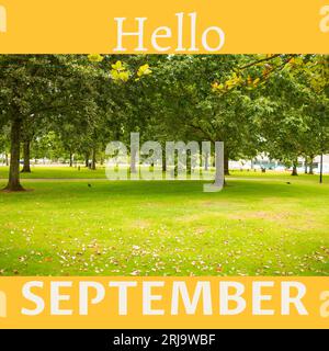 Komposition aus „Hallo september“-Text über Bäumen im Garten Stockfoto