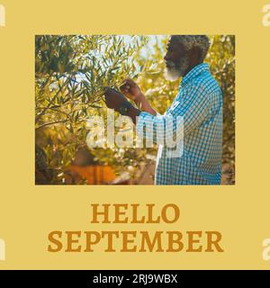 Komposition aus Hello september Text über afroamerikanischen Mann im Garten Stockfoto