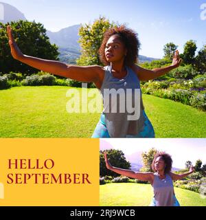 Komposition aus Hello september Text über afroamerikanische Frau, die im Garten trainiert Stockfoto