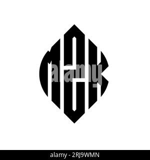 MZK kreisförmiges Logo mit Kreis- und Ellipsenform. MZK-Ellipsenbuchstaben im typografischen Stil. Die drei Initialen bilden ein kreisförmiges Logo. MZK CI Stock Vektor