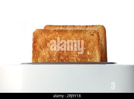 Getoastete Brotscheiben im Toaster auf weißem Hintergrund Stockfoto