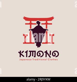 Kimono-Mädchen-Silhouette Mit Japanischem Tor-Hintergrund Für Japanisches Mode-Historisches Logo-Vektor-Design Stock Vektor
