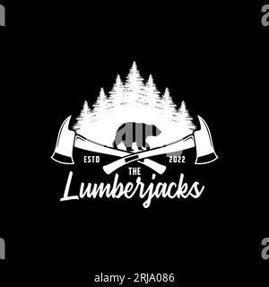 Lumberjacks-Logo mit Bär, Wald und Kreuzaxt Vektor-Label-Design für T-Shirt-Design Stock Vektor