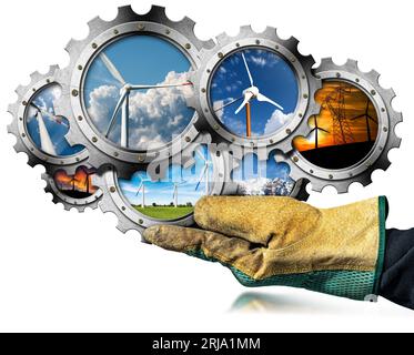Handschuh mit einer Gruppe von sieben Metallzahnrädern (Zahnrädern) mit Windrädern im Inneren, isoliert auf weißem Hintergrund. Konzept für erneuerbare Energien Stockfoto