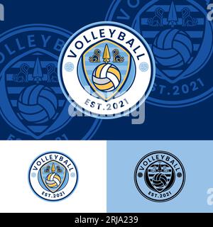 Runder Volleyball-Abzeichen Mit Löwen- Und Speerlogo, Volleyball Sports Logo Inspiration Design Stock Vektor