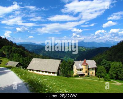 Malerischer Blick auf die Hügel und Berge der Region Gorenjska in Slowenien mit einer großen Wiese umgeben von Wald und einem alten rustikalen Bauernhaus mit einem Turm in Stockfoto