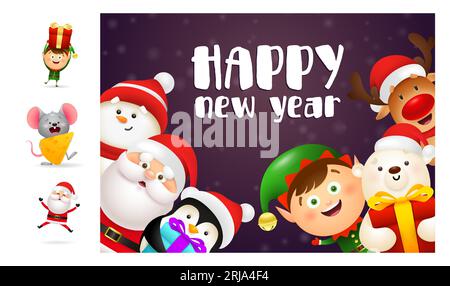 Frohes neues Jahr mit lächelnden Zeichentrickfiguren Stock Vektor