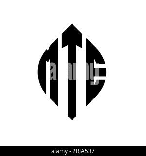 MTE-Logo mit kreisförmigem Buchstaben und Ellipsenform. MTE-Ellipsenbuchstaben im typografischen Stil. Die drei Initialen bilden ein kreisförmiges Logo. MTE CI Stock Vektor