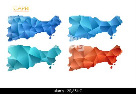 Satz von polygonalen Vektorkarten von Capri. Helle Farbverlaufskarte der Insel im niedrigen Poly-Stil. Stock Vektor
