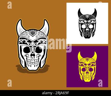 Mittelalterlicher Gehörnter Helm Schädel. Perfekt Für Game Store Logo, Gamer Community, Tattoo Artist Usw. Stock Vektor