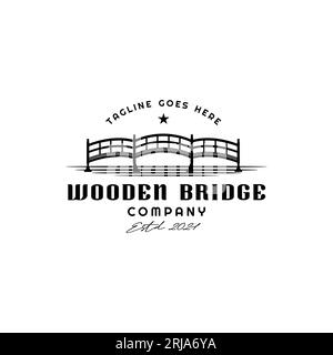 Logodesign mit Holzbrücke und Flusslandschaft mit Silhouettenansicht Stock Vektor