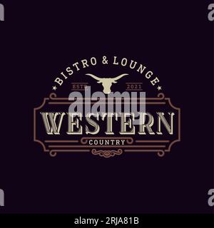 Vintage-Emblem für Western Bar oder Restaurant mit Long Horn Icon Logo Design Inspiration Stock Vektor