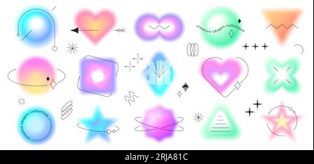 Y2K ästhetische verschwommene Gradientenformen. Verschwommene Aura ästhetische Elemente Sammlung verschiedener geometrischer Formen mit isolierten Linien auf weißem Hintergrund. Stock Vektor
