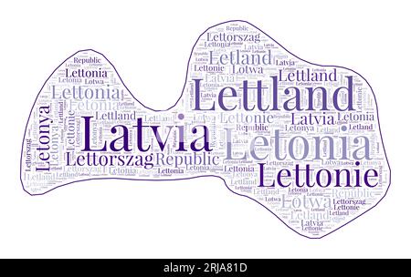 Lettische Form, gefüllt mit Ländernamen in vielen Sprachen. Lettland-Karte im Wortwolkenstil. Kreative Vektorillustration. Stock Vektor