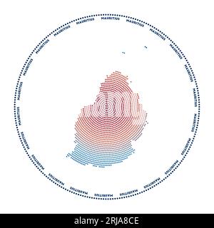 Rundes Mauritius-Logo. Digitale Form von Mauritius im gepunkteten Kreis mit Inselnamen. Techniksymbol der Insel mit verlaufenden Punkten. Stock Vektor