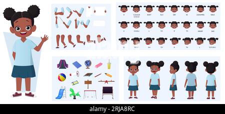 Afroamerikanisches Mädchen Figur Konstruktor Pack mit Gesten, Gesichtsausdrücken und verschiedenen Posen Vektor Illustration Stock Vektor