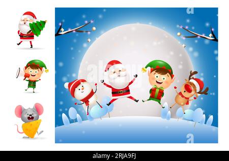 Lächelnde Zeichentrickfiguren springen auf verschneite Wiesen Stock Vektor