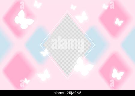 y2k Aura ästhetischer Hintergrund. Rosa Blau weiß. Weiche, pastellfarbene, mädchenhafte Illustration mit Raute und Schmetterlingen. Mit Platz für Fotos. Dose Stock Vektor