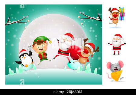 Weihnachtscartoonfiguren springen auf der Wiese Stock Vektor