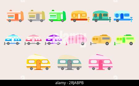 Sammlung Camping Caravan Autos und Anhänger Fahrzeuge von Reise-Caravans für Wohnmobile.Set von Camping-Auto. Stock Vektor