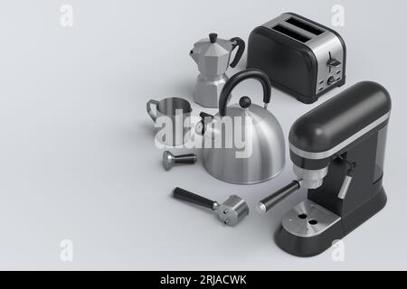 Espressomaschine, Handmixer, Wasserkocher und Toaster für die Zubereitung des Frühstücks auf weißem Hintergrund. 3D Render der Kaffeekocher für Latte-Kaffee Stockfoto
