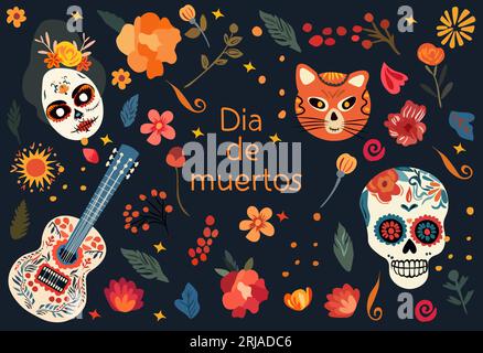 Dia de los Muertos, Feiertag der Toten in Mexiko. Schönes Poster mit Schädeln, Hut, Gitarre und Blüten. Vektordesign für Poster, Banner und Karten. Vektor. Stock Vektor