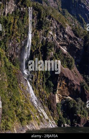 Ein Bild eines kleinen Wasserfalls umgeben von üppiger Pflanzenwelt. Dieses Foto wurde in den Milford Sounds von Neuseeland aufgenommen Stockfoto