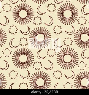 Esoterische Sonne, Mond und Sterne. Nahtloses Vektormuster. Designelement für Postkarten, Cover, Geschenkpapier, Textilien, Tapeten. Stock Vektor