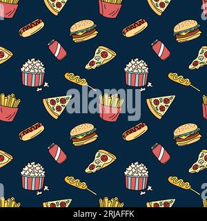 Fast Food Vektor nahtloses Muster. Fastfood-Elemente Hintergrund. Hand gezeichnete Umrisszeichnung mit Hot Dog, Pommes, Cheeseburger, Taco, Pizza Stock Vektor