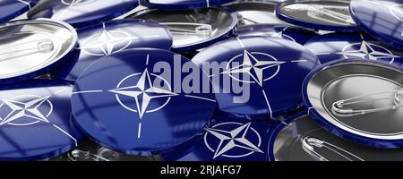 NATO - runde Abzeichen mit Fahnen - Abstimmung, Wahlkonzept - 3D-Illustration Stockfoto