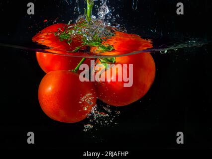Frische rote Tomate, die ins Wasser fällt, mit Wasserspritzer und Luftblasen auf schwarzem Hintergrund. Stockfoto